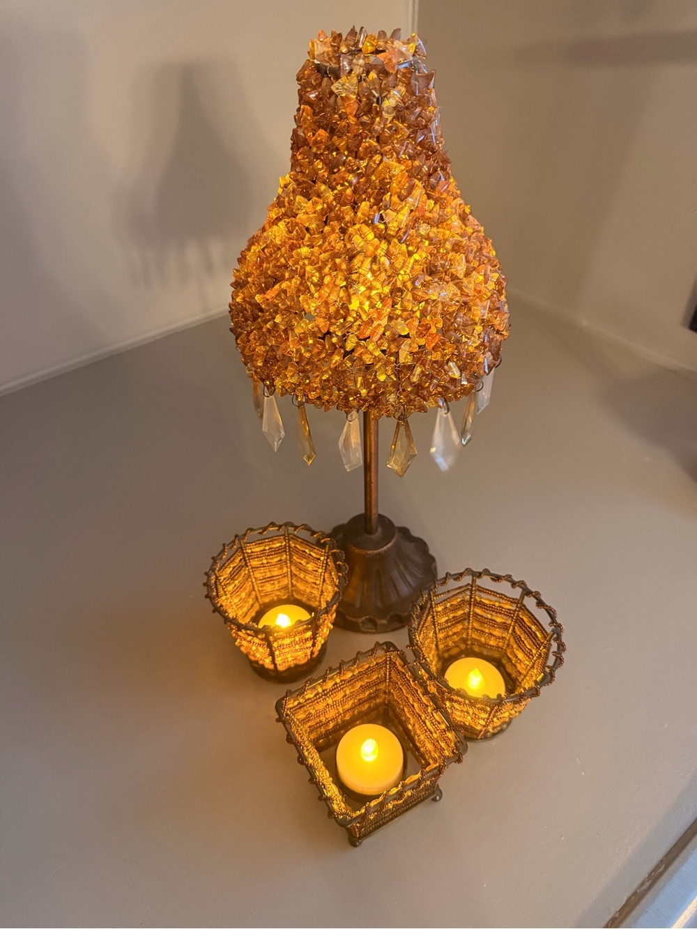 Vintage Handmade Amber Beaded Candle Holder with Crystal Drops